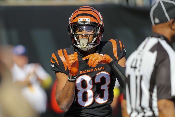 Oct 23, 2022; Cincinnati, Ohio, USA; Cincinnati Bengals wide receiver Tyler Boyd (83) reacts after scoring a touchdown against the Atlanta Falcons in the first half at Paycor Stadium. Mandatory Credit: Katie Stratman-USA TODAY Sports